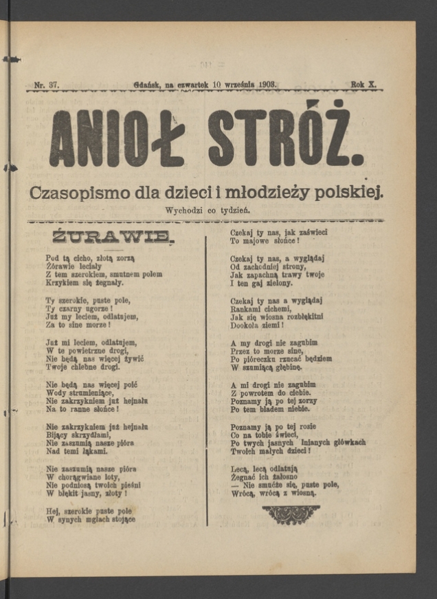 Anioł Str&oacute;ż&nbsp;: czasopismo dla&nbsp;dzieci i&nbsp;młodzieży polskiej. Rok 11, 1903, numer&nbsp;37