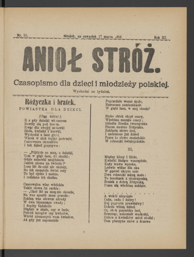 Anioł Str&oacute;ż&nbsp;: czasopismo dla&nbsp;dzieci i&nbsp;młodzieży polskiej. Rok 12, 1904, numer&nbsp;10