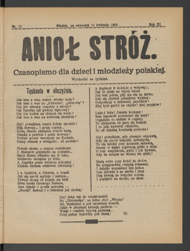 Anioł Str&oacute;ż&nbsp;: czasopismo dla&nbsp;dzieci i&nbsp;młodzieży polskiej. Rok 12, 1904, numer&nbsp;15