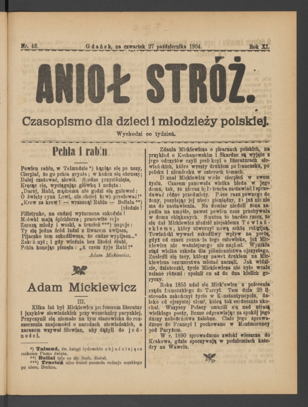 Anioł Str&oacute;ż&nbsp;: czasopismo dla&nbsp;dzieci i&nbsp;młodzieży polskiej. Rok 12, 1904, numer&nbsp;43