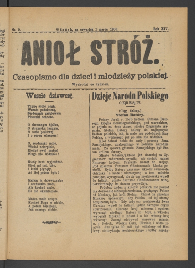 Anioł Str&oacute;ż&nbsp;: czasopismo dla&nbsp;dzieci i&nbsp;młodzieży polskiej. Rok 14, 1906, numer&nbsp;9