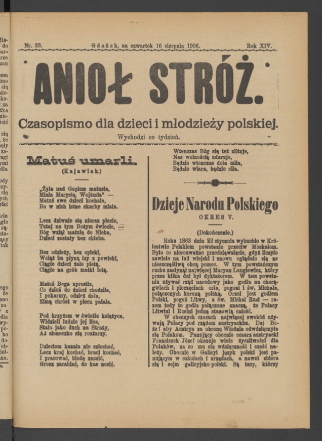 Anioł Str&oacute;ż&nbsp;: czasopismo dla&nbsp;dzieci i&nbsp;młodzieży polskiej. Rok 14, 1906, numer&nbsp;33
