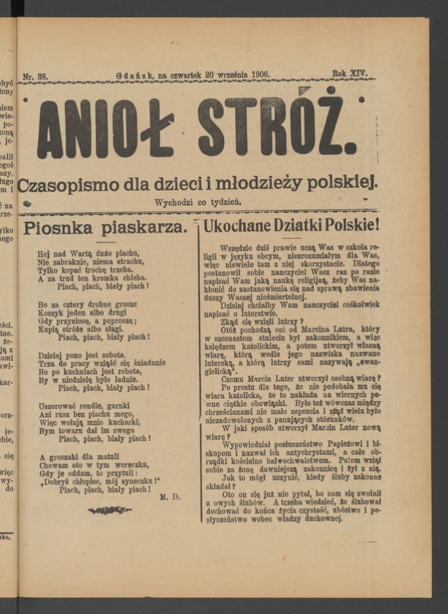 Anioł Str&oacute;ż&nbsp;: czasopismo dla&nbsp;dzieci i&nbsp;młodzieży polskiej. Rok 14, 1906, numer&nbsp;38