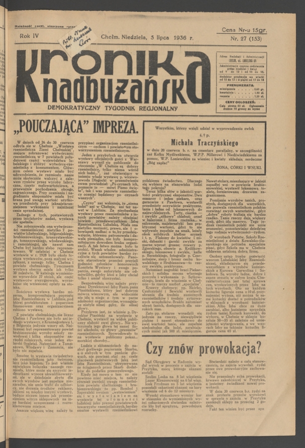 Kronika Nadbużańska&nbsp;: demokratyczny tygodnik regjonalny. Rok&nbsp;4, 1936, numer&nbsp;27