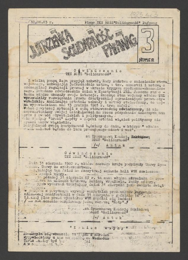 Jutrzenka Solidarność Pafawag&nbsp;: pismo TKZ NSZZ &bdquo;Solidarność&rdquo; Pafawag. 1983, numer&nbsp;3