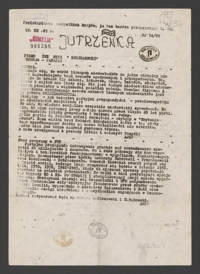 Jutrzenka&nbsp;: pismo TKZ NSZZ &bdquo;Solidarność&rdquo; Wrocław-Pafawag. 1983, numer&nbsp;34