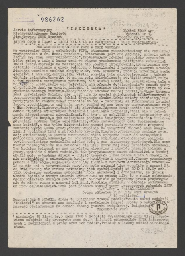 Iskierka&nbsp;: serwis informacyjny Międzyzakładowego Komitetu Strajkowego ZNTK Wrocław. 1982, numer&nbsp;19