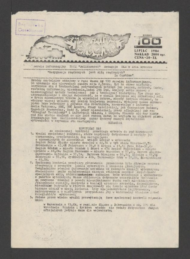 Iskierka&nbsp;: serwis informacyjny NSZZ &bdquo;Solidarność&rdquo;. 1984, numer&nbsp;100