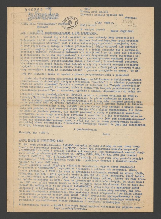 Jutrzenka&nbsp;: pismo NSZZ &bdquo;Solidarność&rdquo; Pafawag Wrocław. 1988, numer&nbsp;3&nbsp;(96)