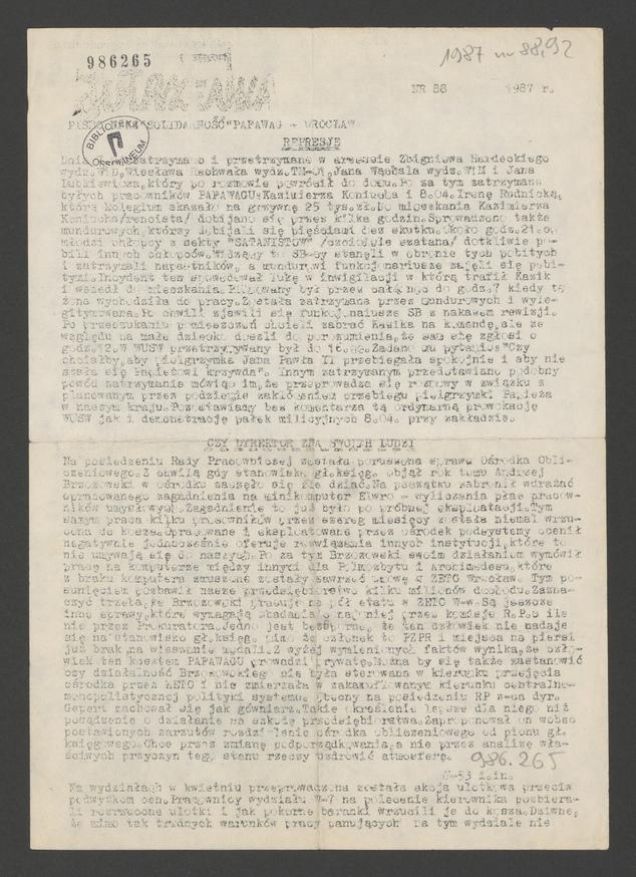 Jutrzenka&nbsp;: pismo NSZZ &bdquo;Solidarność&rdquo; Pafawag Wrocław. 1987, numer&nbsp;88