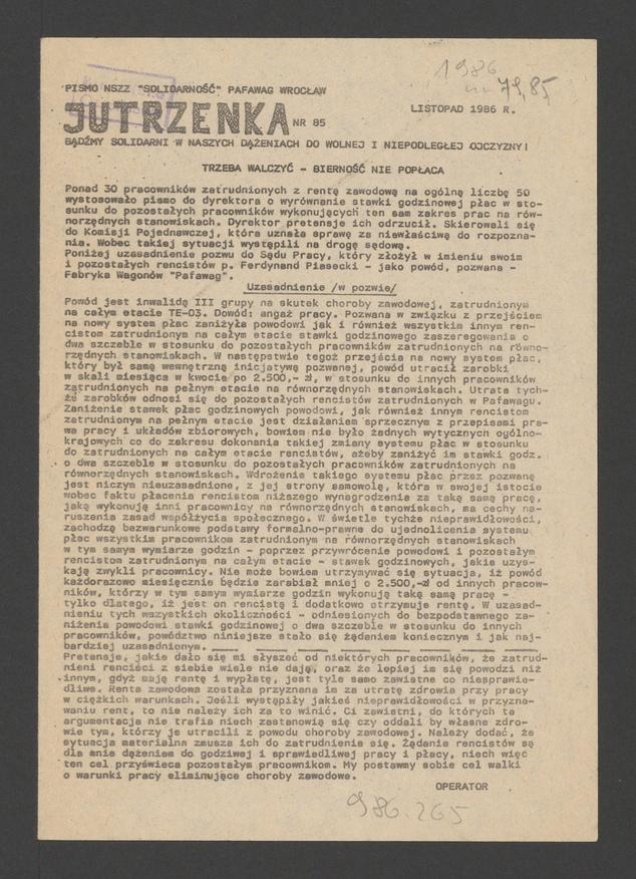 Jutrzenka&nbsp;: pismo NSZZ &bdquo;Solidarność&rdquo; Pafawag Wrocław. 1986, numer&nbsp;85
