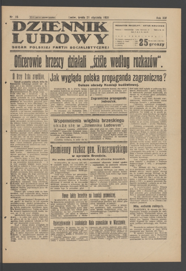 Dziennik Ludowy&nbsp;: organ Polskiej Partji Socjalistycznej. Rok&nbsp;14, 1931, numer&nbsp;16