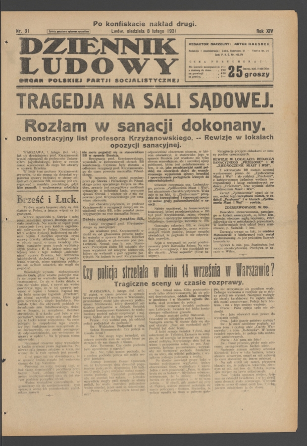 Dziennik Ludowy&nbsp;: organ Polskiej Partji Socjalistycznej. Rok&nbsp;14, 1931, numer&nbsp;31 (po&nbsp;konfiskacie nakład drugi)
