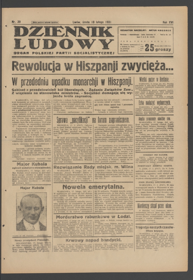 Dziennik Ludowy&nbsp;: organ Polskiej Partji Socjalistycznej. Rok&nbsp;14, 1931, numer&nbsp;39