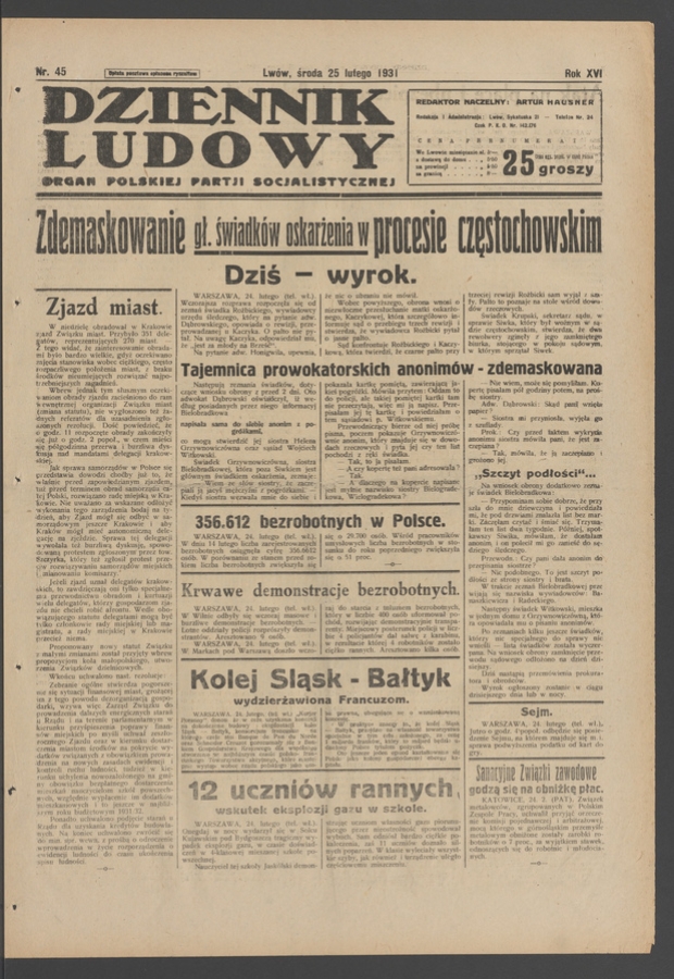 Dziennik Ludowy&nbsp;: organ Polskiej Partji Socjalistycznej. Rok&nbsp;14, 1931, numer&nbsp;45