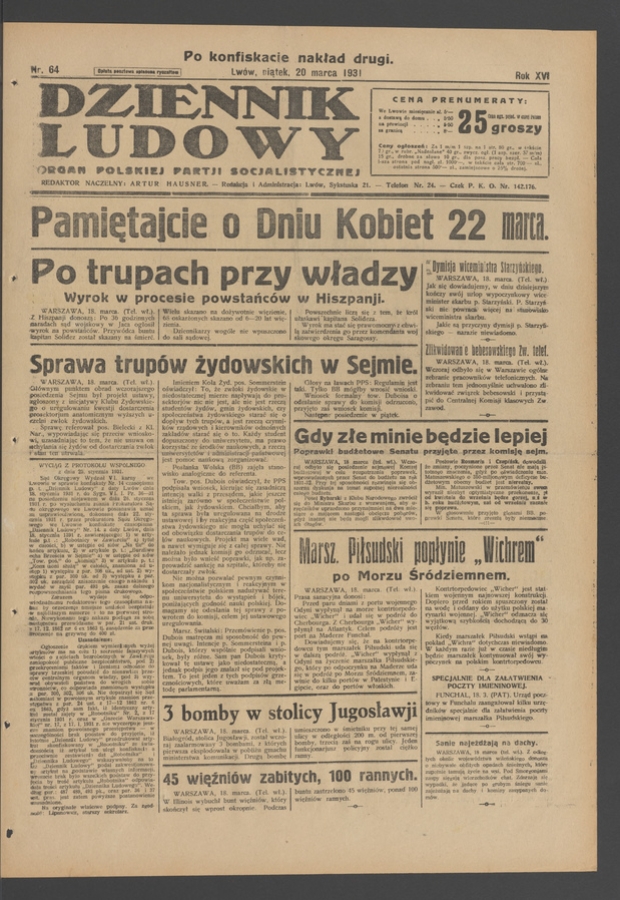 Dziennik Ludowy&nbsp;: organ Polskiej Partji Socjalistycznej. Rok&nbsp;14, 1931, numer&nbsp;64 (po&nbsp;konfiskacie nakład drugi)