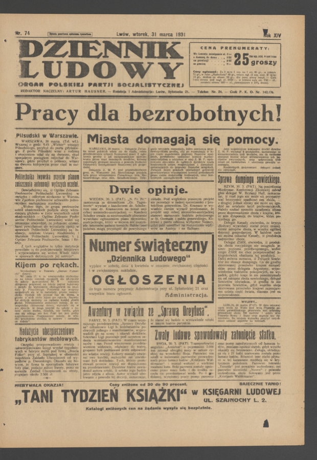 Dziennik Ludowy&nbsp;: organ Polskiej Partji Socjalistycznej. Rok&nbsp;14, 1931, numer&nbsp;74
