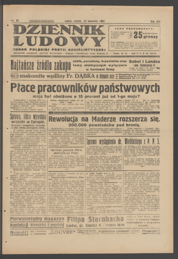 Dziennik Ludowy&nbsp;: organ Polskiej Partji Socjalistycznej. Rok&nbsp;14, 1931, numer&nbsp;82