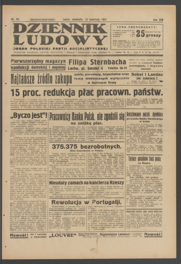 Dziennik Ludowy&nbsp;: organ Polskiej Partji Socjalistycznej. Rok&nbsp;14, 1931, numer&nbsp;84