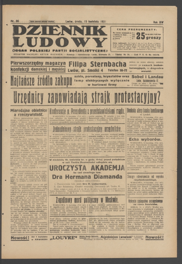 Dziennik Ludowy&nbsp;: organ Polskiej Partji Socjalistycznej. Rok&nbsp;14, 1931, numer&nbsp;86