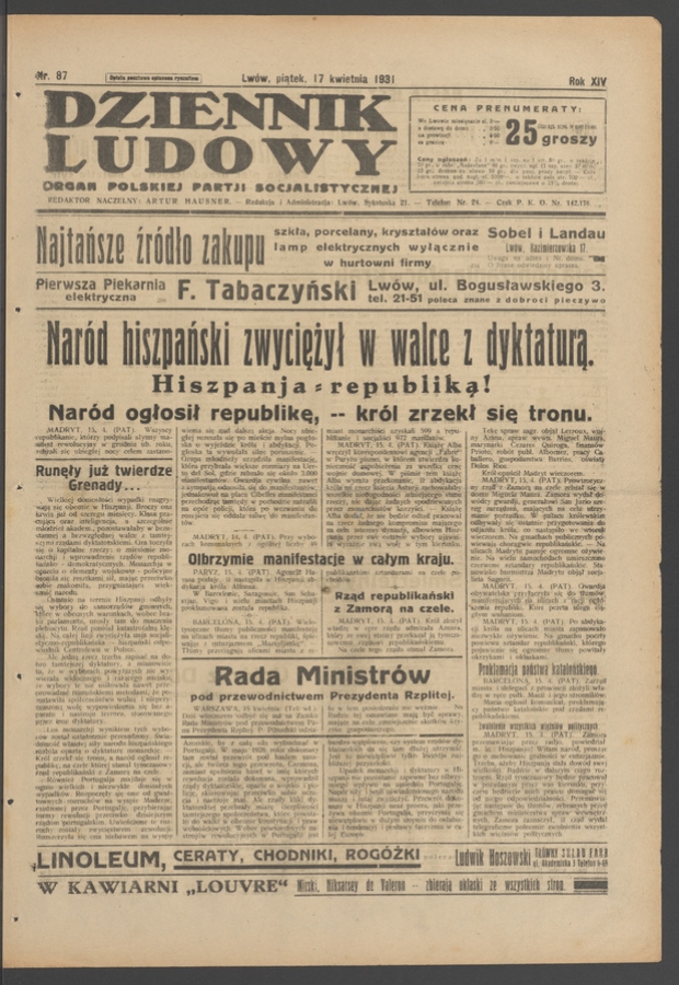 Dziennik Ludowy&nbsp;: organ Polskiej Partji Socjalistycznej. Rok&nbsp;14, 1931, numer&nbsp;87