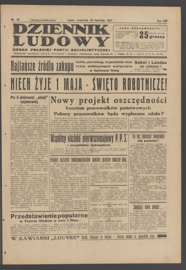 Dziennik Ludowy&nbsp;: organ Polskiej Partji Socjalistycznej. Rok&nbsp;14, 1931, numer&nbsp;99