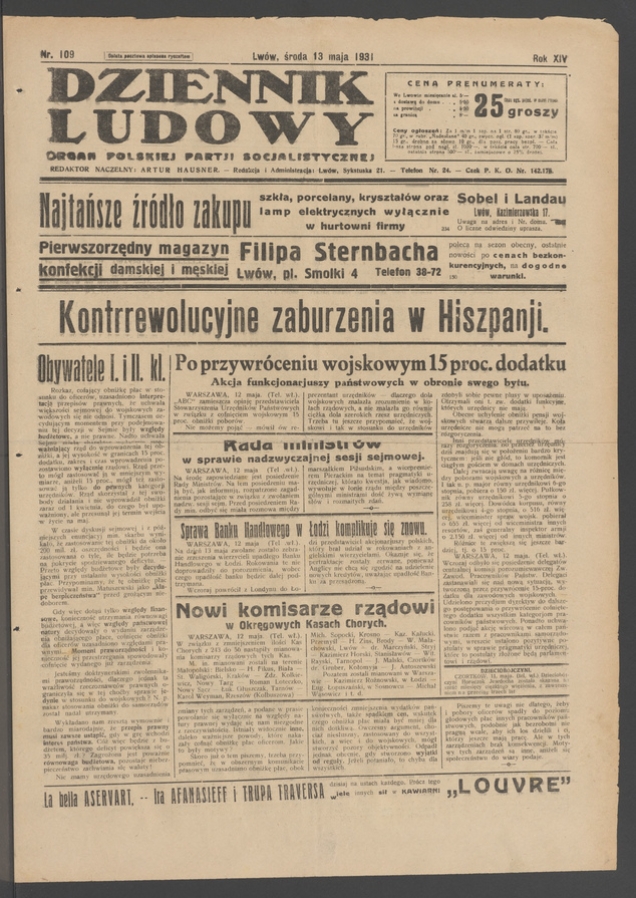 Dziennik Ludowy&nbsp;: organ Polskiej Partji Socjalistycznej. Rok&nbsp;14, 1931, numer&nbsp;109