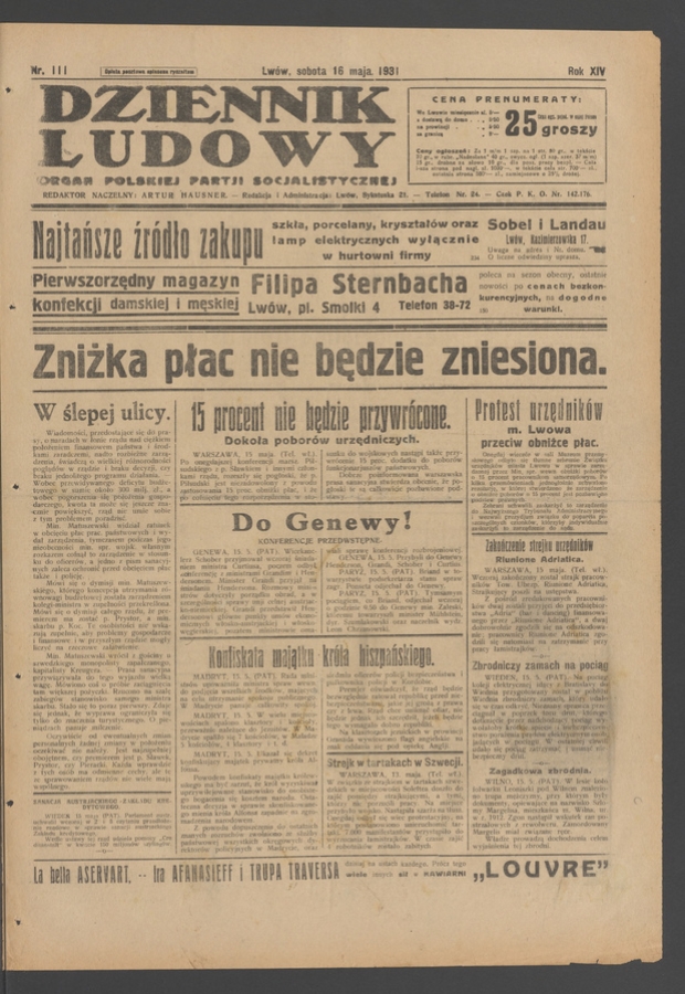 Dziennik Ludowy&nbsp;: organ Polskiej Partji Socjalistycznej. Rok&nbsp;14, 1931, numer&nbsp;111