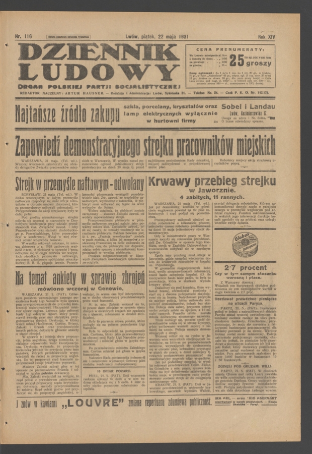 Dziennik Ludowy&nbsp;: organ Polskiej Partji Socjalistycznej. Rok&nbsp;14, 1931, numer&nbsp;116