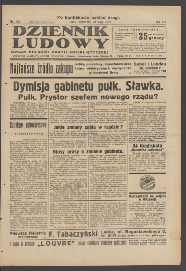 Dziennik Ludowy&nbsp;: organ Polskiej Partji Socjalistycznej. Rok&nbsp;14, 1931, numer&nbsp;120 (po&nbsp;konfiskacie nakład drugi)