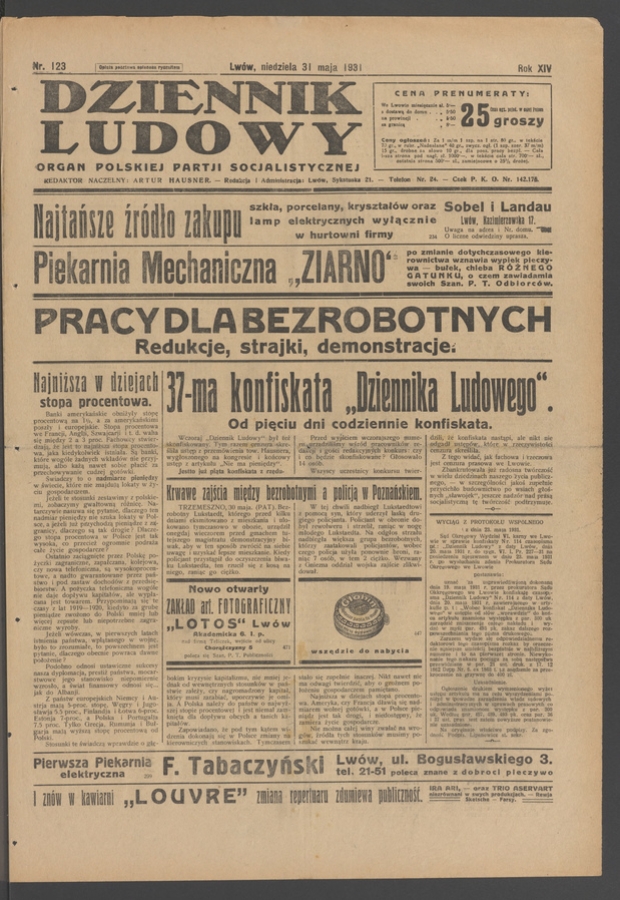 Dziennik Ludowy&nbsp;: organ Polskiej Partji Socjalistycznej. Rok&nbsp;14, 1931, numer&nbsp;123