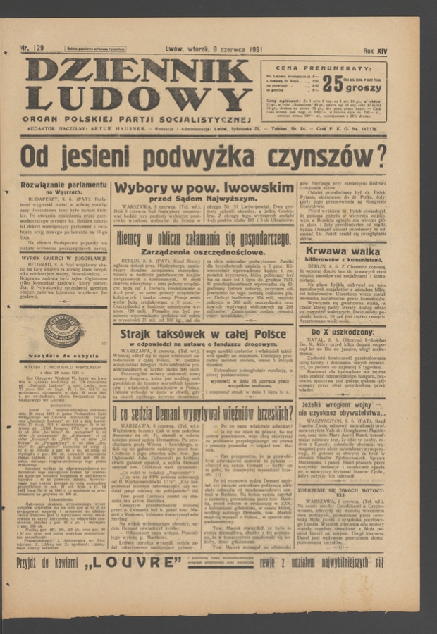 Dziennik Ludowy&nbsp;: organ Polskiej Partji Socjalistycznej. Rok&nbsp;14, 1931, numer&nbsp;129