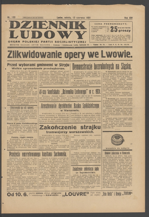 Dziennik Ludowy&nbsp;: organ Polskiej Partji Socjalistycznej. Rok&nbsp;14, 1931, numer&nbsp;133