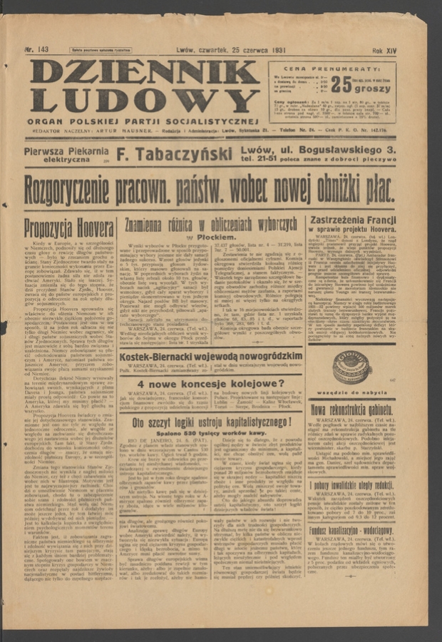 Dziennik Ludowy&nbsp;: organ Polskiej Partji Socjalistycznej. Rok&nbsp;14, 1931, numer&nbsp;143