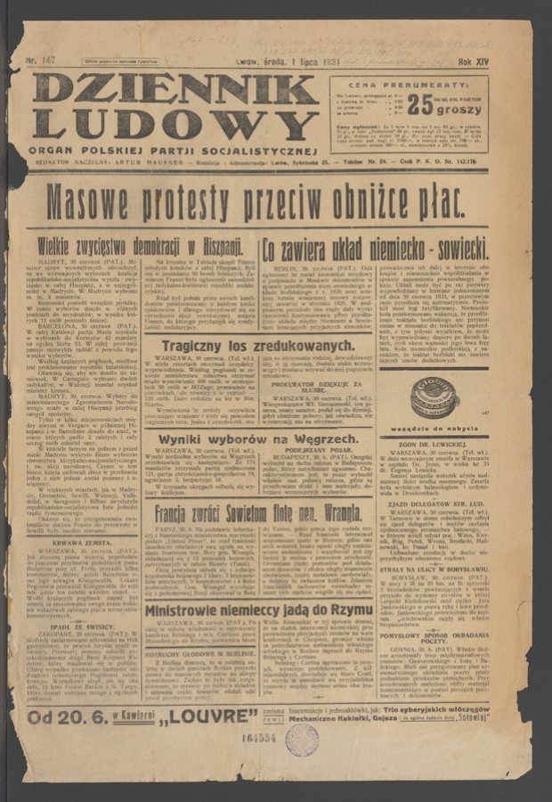 Dziennik Ludowy&nbsp;: organ Polskiej Partji Socjalistycznej. Rok&nbsp;14, 1931, numer&nbsp;147