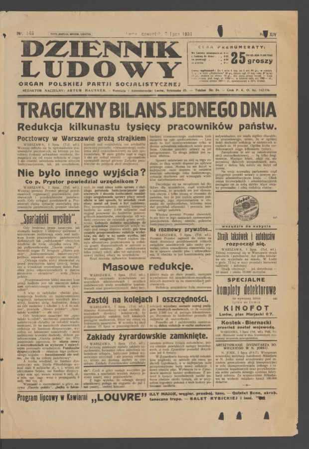 Dziennik Ludowy&nbsp;: organ Polskiej Partji Socjalistycznej. Rok&nbsp;14, 1931, numer&nbsp;148