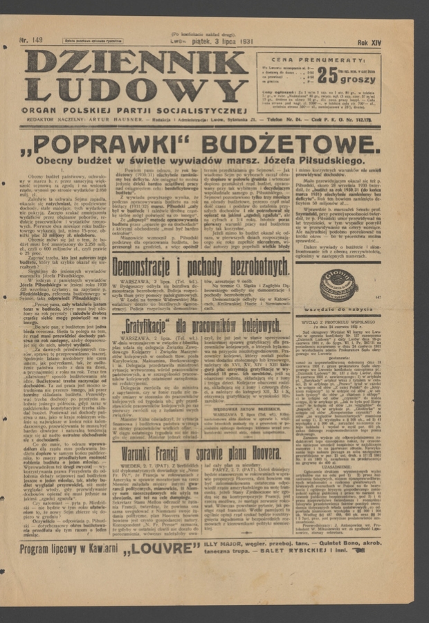Dziennik Ludowy&nbsp;: organ Polskiej Partji Socjalistycznej. Rok&nbsp;14, 1931, numer&nbsp;149 (po&nbsp;konfiskacie nakład drugi)