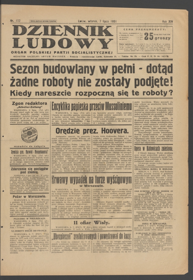 Dziennik Ludowy&nbsp;: organ Polskiej Partji Socjalistycznej. Rok&nbsp;14, 1931, numer&nbsp;152