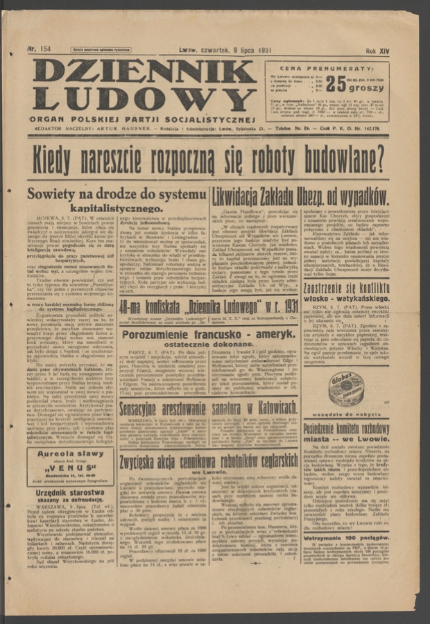 Dziennik Ludowy&nbsp;: organ Polskiej Partji Socjalistycznej. Rok&nbsp;14, 1931, numer&nbsp;154