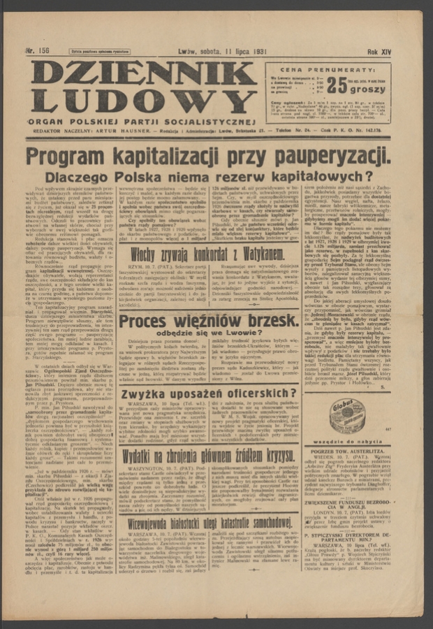 Dziennik Ludowy&nbsp;: organ Polskiej Partji Socjalistycznej. Rok&nbsp;14, 1931, numer&nbsp;156