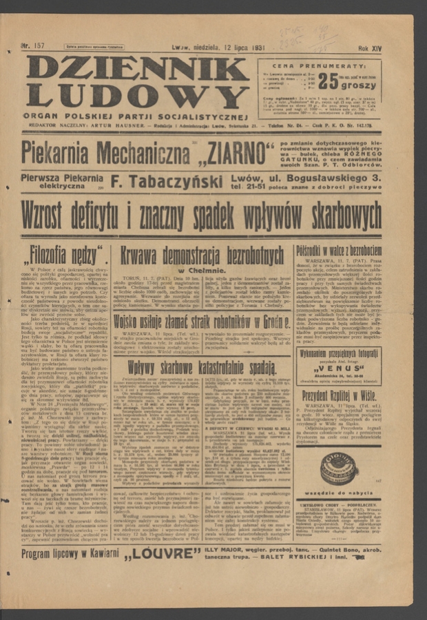 Dziennik Ludowy&nbsp;: organ Polskiej Partji Socjalistycznej. Rok&nbsp;14, 1931, numer&nbsp;157
