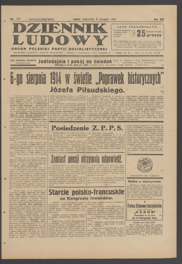 Dziennik Ludowy&nbsp;: organ Polskiej Partji Socjalistycznej. Rok&nbsp;14, 1931, numer&nbsp;178