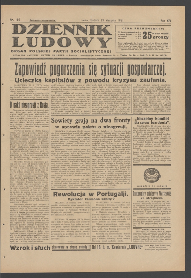 Dziennik Ludowy&nbsp;: organ Polskiej Partji Socjalistycznej. Rok&nbsp;14, 1931, numer&nbsp;197