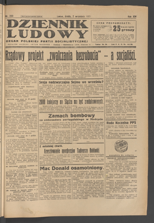 Dziennik Ludowy&nbsp;: organ Polskiej Partji Socjalistycznej. Rok&nbsp;14, 1931, numer&nbsp;200