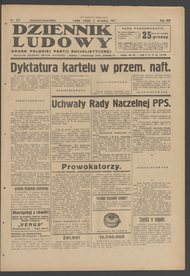 Dziennik Ludowy&nbsp;: organ Polskiej Partji Socjalistycznej. Rok&nbsp;14, 1931, numer&nbsp;207 (po&nbsp;konfiskacie nakład drugi)