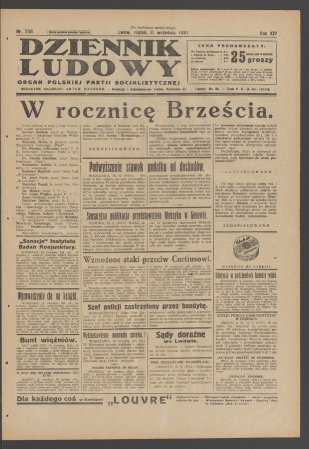 Dziennik Ludowy&nbsp;: organ Polskiej Partji Socjalistycznej. Rok&nbsp;14, 1931, numer&nbsp;208 (po&nbsp;konfiskacie nakład drugi)