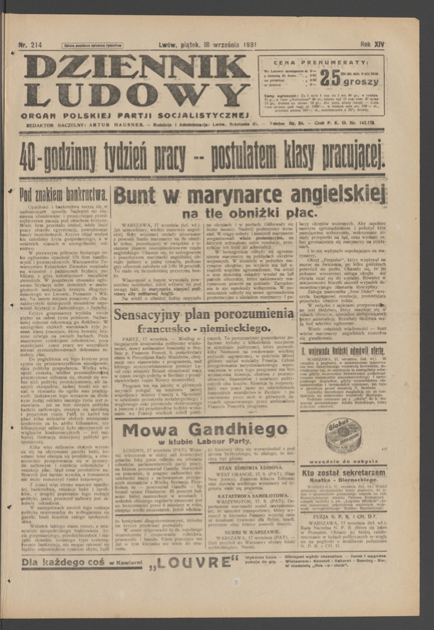 Dziennik Ludowy&nbsp;: organ Polskiej Partji Socjalistycznej. Rok&nbsp;14, 1931, numer&nbsp;214