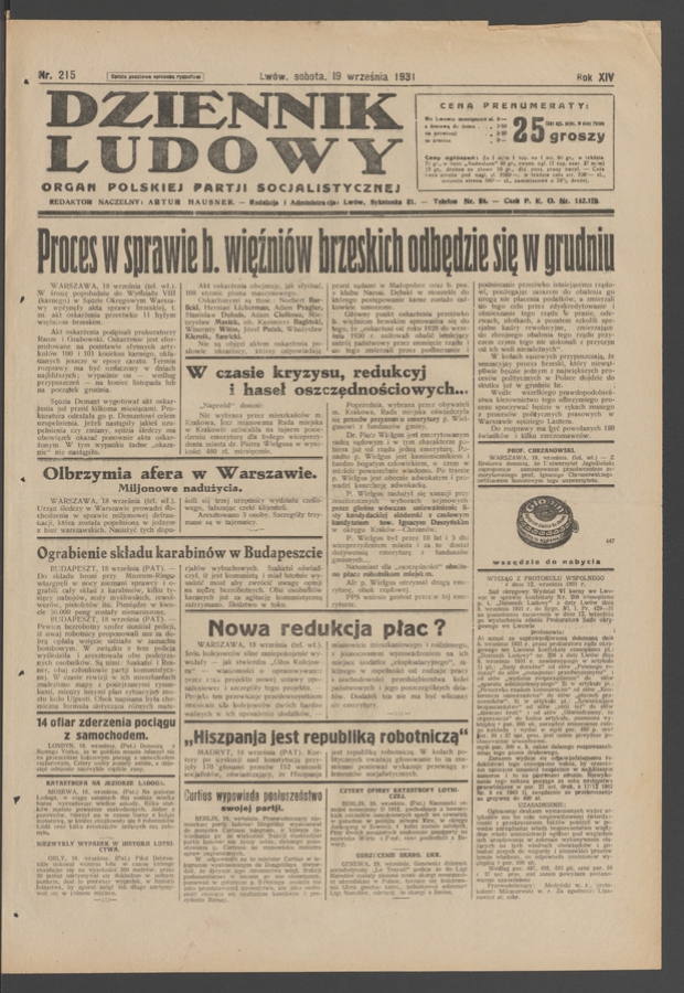 Dziennik Ludowy&nbsp;: organ Polskiej Partji Socjalistycznej. Rok&nbsp;14, 1931, numer&nbsp;215