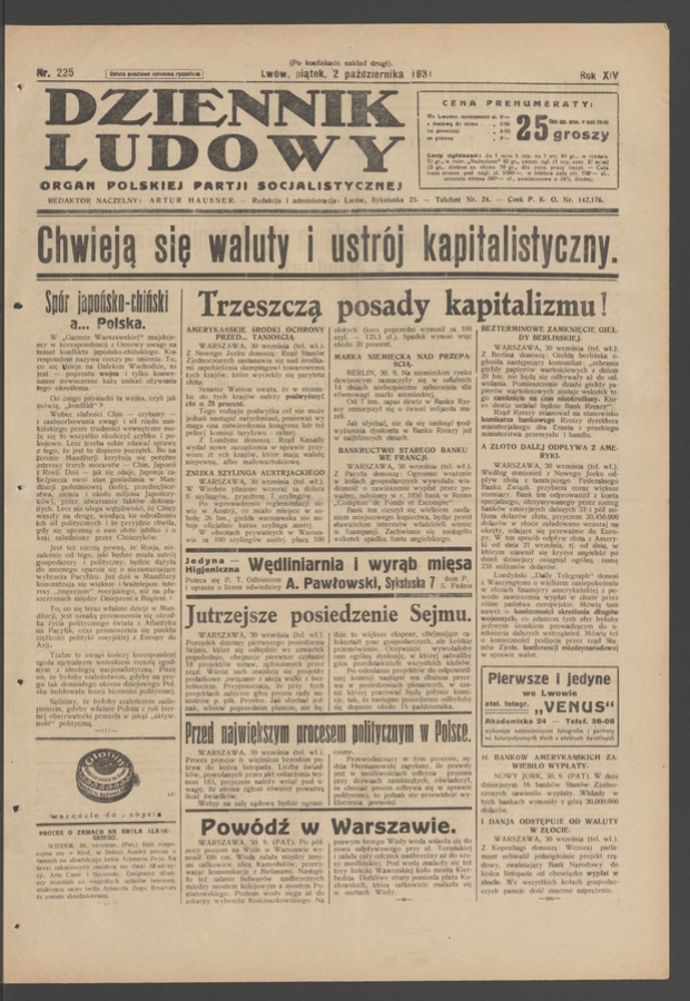 Dziennik Ludowy&nbsp;: organ Polskiej Partji Socjalistycznej. Rok&nbsp;14, 1931, numer&nbsp;225 (po&nbsp;konfiskacie nakład drugi)