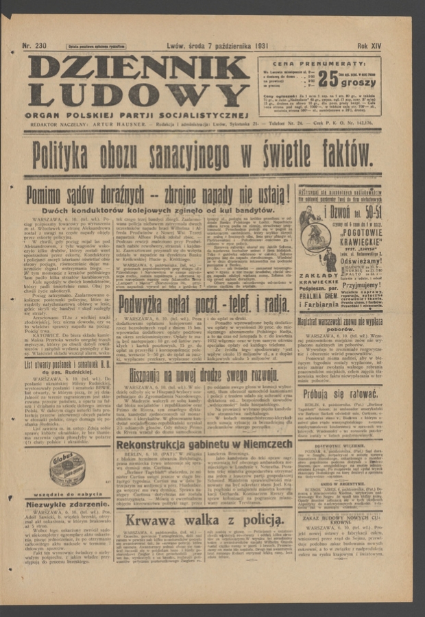 Dziennik Ludowy&nbsp;: organ Polskiej Partji Socjalistycznej. Rok&nbsp;14, 1931, numer&nbsp;230